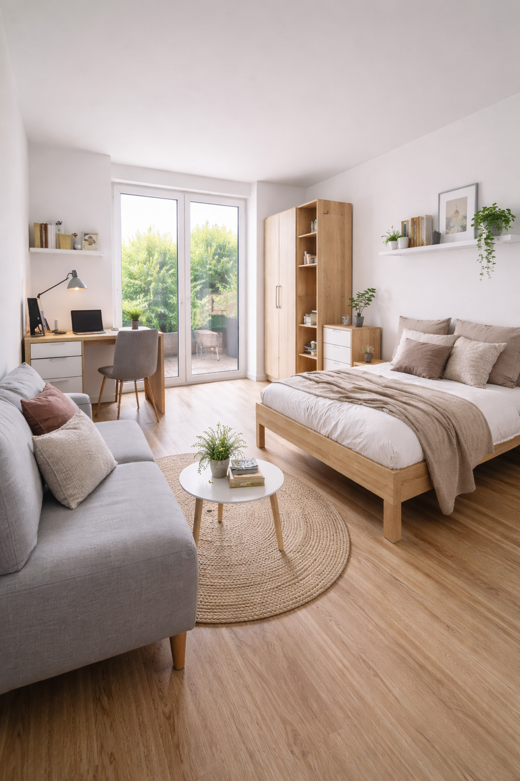 Möbliertes Zimmer mit Bett, Sofa und Schreibtisch - CORE Living